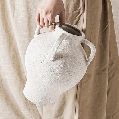 Large White Ceramic Vase with 4 Handles, 10.8 Inch, Rustic Farmhouse - color: Yeda - Rock Sand White, size: L(10.8"-11.8")