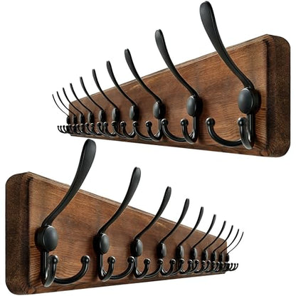 WEBI Coat Rack Wall Mount,38 9/16" Long,10 Hooks,Wood Coat Hooks Wall Mounted Coat Hanger Wall Hook Rack,Triple Hooks for Hanging Coats,Clothes,Jacket,Brown,2 Packs - color: Brown, size: 10 Hooks(2 Packs)