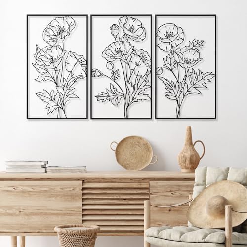 Therwen 3 Pcs Black Metal Wall Art Minimalist Wall Decor for Bedroom Flowers Decor Hanging Flower Bathroom Art Flower Line Sculpture Kitchen Decoration 16.5 x 9.8 Inch - style: Chic Style