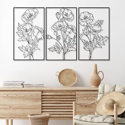 Therwen 3 Pcs Black Metal Wall Art Minimalist Wall Decor for Bedroom Flowers Decor Hanging Flower Bathroom Art Flower Line Sculpture Kitchen Decoration 16.5 x 9.8 Inch - style: Chic Style