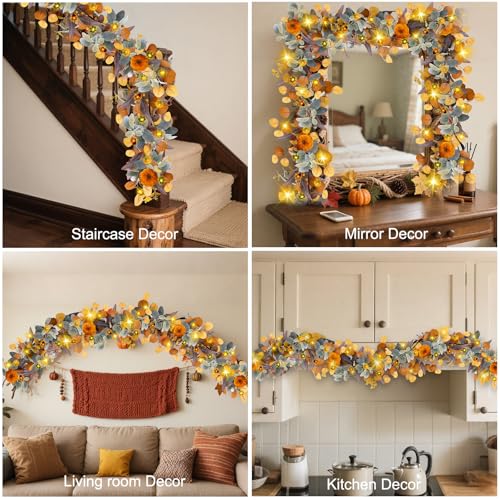 Fall Garland with Lights, 6FT Fall Leaves Garlands, Artificial Eucalyptus Garland with Pumpkins Berries for Home Mantle Fireplace Decor Thanksgiving Christmas Party Autumn Decoration (6FT)