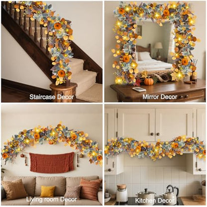 Fall Garland with Lights, 6FT Fall Leaves Garlands, Artificial Eucalyptus Garland with Pumpkins Berries for Home Mantle Fireplace Decor Thanksgiving Christmas Party Autumn Decoration (6FT)