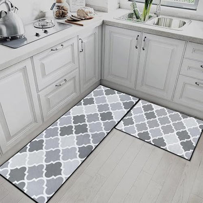 Kitchen Rugs Set of 2 Non Slip WashableGeometric Moroccan - color: Gray Quatrefoil
