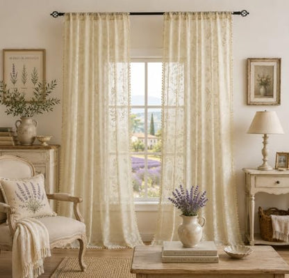 Kotile Natural Beige Sheer Curtains 90 Inches Long, Boho Floral Lace Panels - color: Beige, size: 52"W x 90"L (Pack of 2)