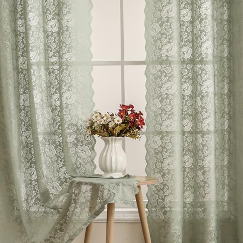 Boho Floral Lace Sheer Curtains, 52x63 Sage Green, Grommet Panels - color: Green, size: 52"W x 63"L (Pack of 2)