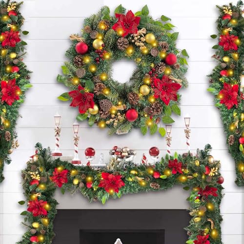 WANNA-CUL Pre-Lit 6ft Red Gold Christmas Garland with 30 LED Timer Lights - color: 03-red Gold