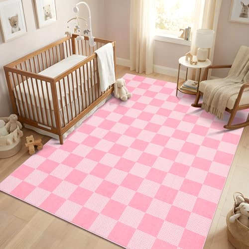 GarveeHome Checkered Pink 4x6 Washable Girls Rug Low-Pile Nursery Bedroom - color: Blush Pink, size: 4' x 6' (Rectangular)