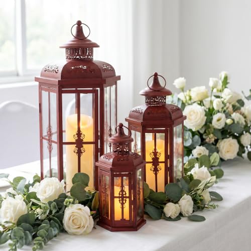 JHY DESIGN Set of 3 Decorative Candle Lanterns 20"&14"&10" H Outdoor Candle Lanterns Vintage Metal Candle Holders for Indoor, Outdoor, Parities, Garden, Porch(Red with Black Brush) - color: 20''&14"&10"h Red