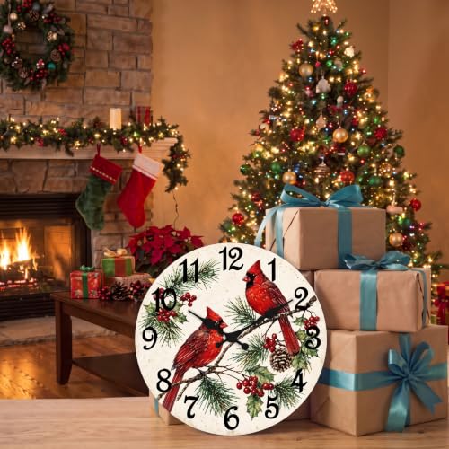 ArtSocket Round Wall Clock Silent Non-Ticking 12", Cardinal Christmas - color: Christmas Cardinal