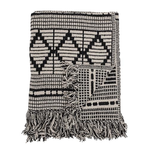Bloomingville Soft Reclaimed Cotton Blend Throw with Diamond Pattern and Fringe, Black and Beige - color: Black and Beige