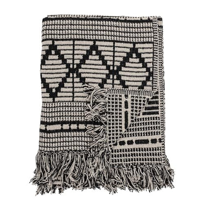 Bloomingville Soft Reclaimed Cotton Blend Throw with Diamond Pattern and Fringe, Black and Beige - color: Black and Beige