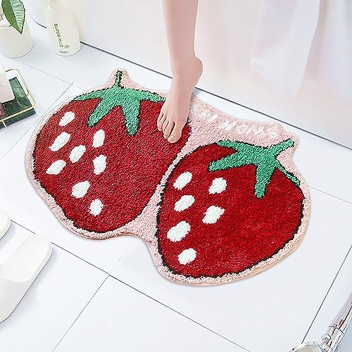 UKELER Cute Strawberry Shape Bathroom Rug for Kids Non Slip Absorbent Bath Mat Washable Shaggy Kids Bedroom Decor Bathroom Door Mat 31.5''x19.7'' - color: Strawberry
