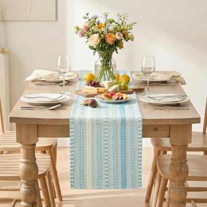 Artoid Mode Sky Blue Farmhouse Stripe Braided Table Runner 12x72 Inch - color: Sky Blue, size: 12" x 72", Table Runner