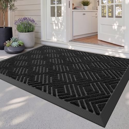 DEXI Front Door Mat Outside Entrance 32x48 Heavy Duty Rubber Entry Doormat | Checkered Black, Dirt Trapper, Non Slip Low Profile Floor Mats for Entryway Exterior Patio - color: Checkered Black, size: 32" X 48" (Rectangular)