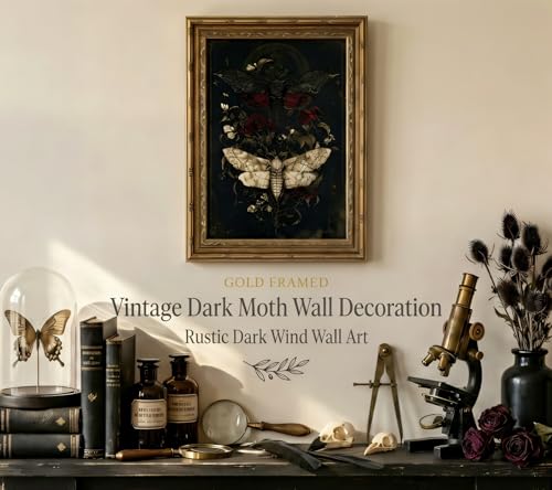 Gold Framed Vintage Dark Academia Butterflys Canvas Wall Art, Moody Moths Poster Print Artwork, Gothic Floral Botanical Insect Pattern Painting Picture Wall Decor, for Bedroom Home Decoration, 12x16in - color: Black White Butterflys, size: 16"L x 12"W