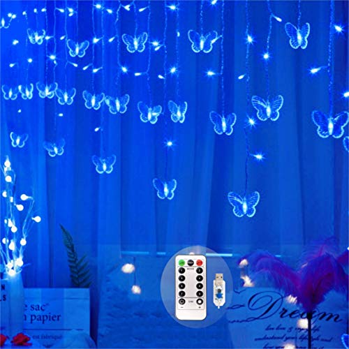 Butterfly Curtain Fairy Lights USB Plug in,8 Modes 120 LED 19.7FT Firefly Twinkle Timer String Lights with Remote, Waterproof Copper Wire for Bedroom Patio Christmas Wedding Party Dorm (Blue) - color: Blue