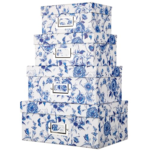 Briful Decorative Storage Boxes with Lids 4 Pack, Blue and White Chinoiserie Floral Cardboard Nesting Photo Boxes, Stackable Keepsake Photo Organizers for Home Shelf Bedroom Office - color: Blue and White#169