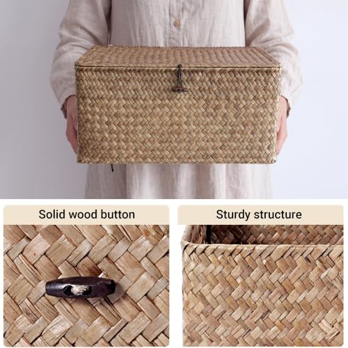 Nonam Large Wicker Basket with Lid,Seagrass Shelf Storage Basket,Coffee - color: XXL-Coffee