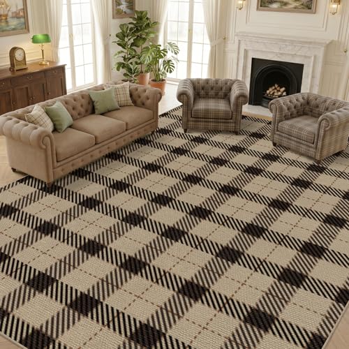 JTJ Easy Jute Outdoor Rug 9x12 for Patio, Washable Black & Beige Plaid Area Rug for Backyard, Large Indoor Outdoor Farmhouse Rug for Living Room, Bedroom and Dining Room - color: Beige Plaid, size: 9' x 12' (Rectangular)