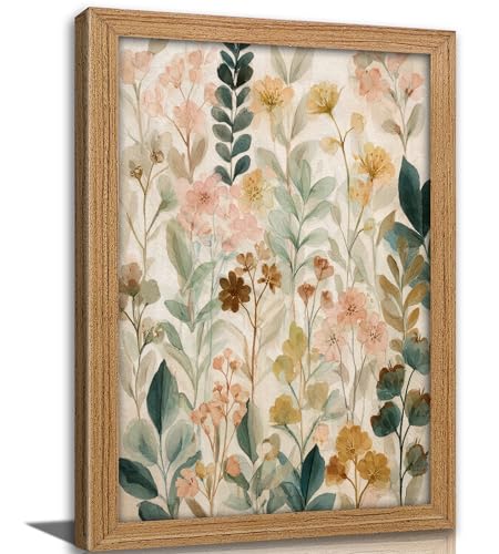 Vexlynora Vintage Watercolor Floral Framed Wall Art - Cottagecore Pastel Flower Canvas Wall Decor Boho Plant painting Picture Retro Country Botanical Artwork for Living Room Bedroom - color: Floral, size: 16"L x 12"W