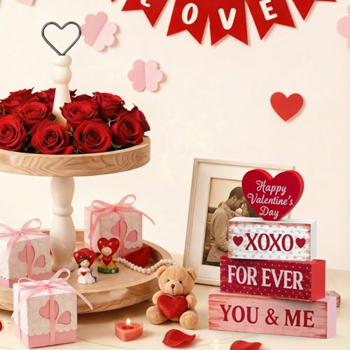 OLANRUN Valentines Day Decorations - 4 Pack Wooden Block Heart Set Signs Valentines Day Table Decor - 7.8 Inch Valentine's Decorations for Home Office Bedroom Tiered Tray Fireplace Mantel - style: Valentines - Love Heart
