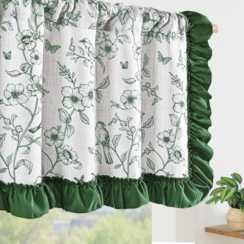 Yinhua Green Floral Valances for Windows with Ruffle, Farmhouse French Linen Window Valances Curtains, Light Filtering Rod Pocket Kitchen Curtains Valance for Living Room Bathroom, 52" W x 18" L - color: Green, size: 52"W x 18"L (Pack of 1)