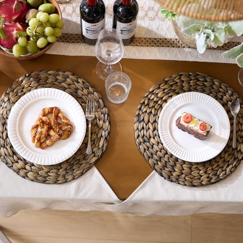 8 Pack, Round Woven Placemats, Natural Water Hyacinth Wicker Place Mats, Braided Straw Table Mats for Dining Table, Fall, Halloween, Thanksgiving, Christmas, Black (13.8 inch) - color: Black (Set of 8)