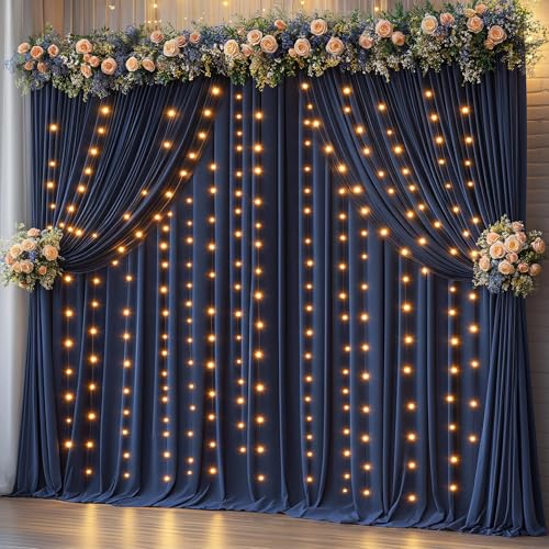 10 x 10 Navy Blue Backdrop Curtains with Lights String for Party - color: Navy Blue, size: W5' x H10'(2 panels)