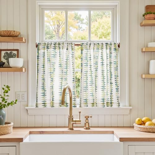 jinchan Sage Green Linen Kitchen Tier Curtains 24 Inch Modern Boho 2 Panels - color: Tribal | Sage Green on Linen, size: 26"W x 24"L (Pack of 2)