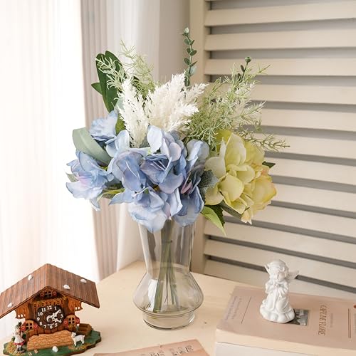 LUEUR Artificial Blue Hydrangea Flowers in Vase Centerpiece – Coastal Style - color: Green & Yellow