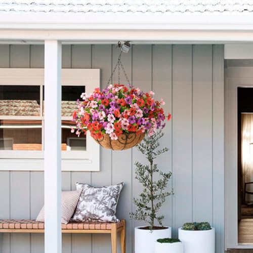 Artificial Hanging Flowers Basket for Outdoor, UV Resistant Plants Daisy - color: Purple Red Pink