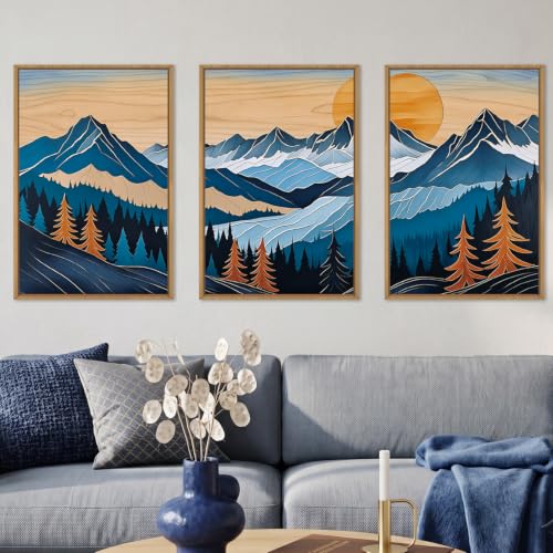 Celestdeco Boho Vintage Mountain Framed Canvas Wall Art Set, Blue Abstract Ridge Wall Decor, Woodcut Pine Tree Landscape Wall Painting, Sunrise Forest Art Print for Living Room, Bedroom, Office - 16"X24"X3 - color: Blue Woodcut Mountain Wall Art, size: 16