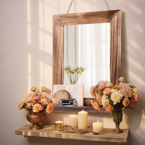 QDSSDECO 16" x 20" Farmhouse Wall Mirror with Shelf and Hemp Rope, Brown - color: Brown With Hemp Rope