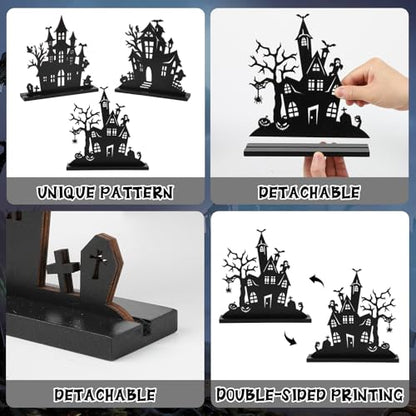 3Pcs Halloween Wooden Table Centerpiece Decorations,Wooden Double-sided Printing Silhouette Sketch Ghost House Decoration Ornaments,Halloween Table Tiered Tray Decor for Indoor Home Kitchen Party