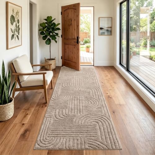 Etwel 2x6 Taupe Modern Geometric Textured High-Low Pile Washable Runner Rug - color: Neutral Taupe, size: 2' x 6'