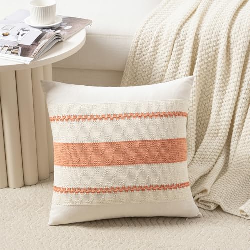 Fancy Homi Set of 2 Boho Coral Decorative Throw Pillow Cover 16x16 Inch for Couch Bed Sofa, Aesthetic Modern Organic Farmhouse Home Decor, Soft Cotton Cute Accent Macrame Woven Cushion Case - color: Coral, size: 16" x 16" (Pack of 2)
