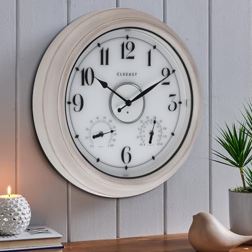 CLXEAST 18" Illuminated Outdoor Clocks for Patio Waterproof - color: Weathered Whitewash