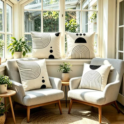 IcosaMro Boho Pillow Covers 18x18 Set of 4 Mid Century Black and White - color: Geometric Curve