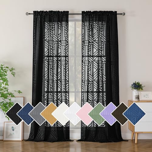Simplebrand Black Semi Sheer Curtains 96 Inches Long 2 Panels, Light Filtering Geometric Jacquard Clip Textured Sheer Curtains for Living Room，Modern Elegant Window Curtains Drapes，42x96 inch - color: Black, size: 42"W x 96"L (Pack of 2)