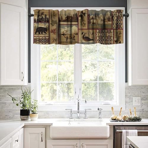 Rustic Moose Deer Valance, Country Lodge Cabin Retro Bear Farmhouse Camp Woodland Animal Print Blackout Short Window Treatment for Kitchen Bathroom Bedroom, 54x18inch - color: Deer-11