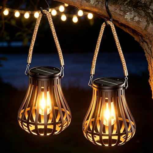 2 Pack Solar Lanterns Outdoor Waterproof - Hanging Solar Powered Lights, Adjustable Color Temperature Lanterns Lights for Garden Patio Yard Table Wall Pathway Decor, Gifts for Women Mom Family