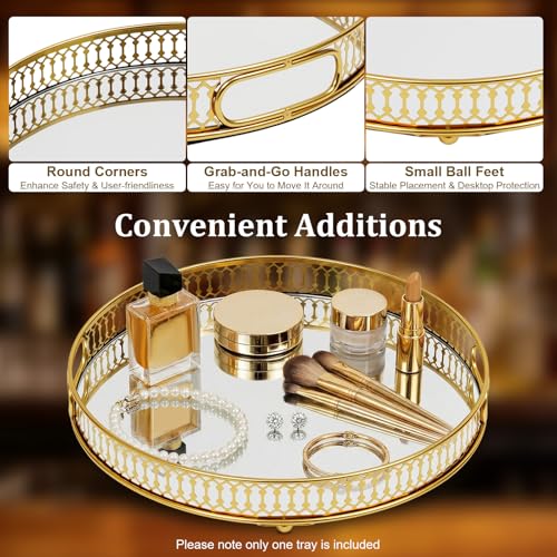 Serving Tray, Gold Perfume Tray 12.6"x1.6" Mirrored Vanity Tray Glass Metal Trinket Storage Tray Decorative Jewelry Tray for Dresser Bathroom Countertop (Round) - size: 12.6"
