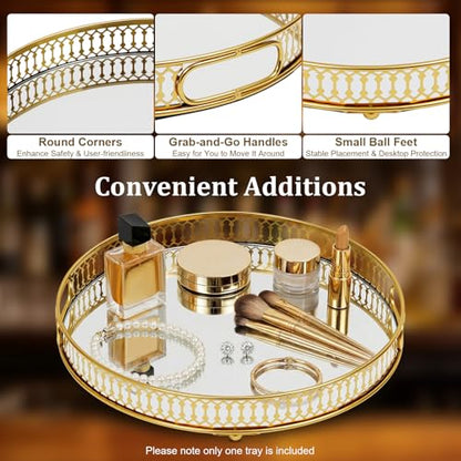 Serving Tray, Gold Perfume Tray 12.6"x1.6" Mirrored Vanity Tray Glass Metal Trinket Storage Tray Decorative Jewelry Tray for Dresser Bathroom Countertop (Round) - size: 12.6"