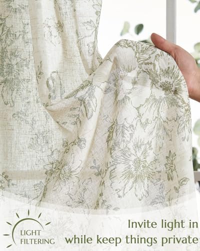 jinchan Green Floral Kitchen Tier Curtains Alice 24 Inches Tie Top 2 Panles - color: Alice Green on Linen, size: 26"W x 24"L (Pack of 2)