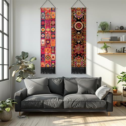 Umootek 2pcs Wall Hanging Decor, Bohemian Vertical Tapestry Wall Decor Cotton Linen Wall Hanging Art, Modern Home Decor for Bedroom, Living room, Sitting Room, Apartment(12.8x51 in)