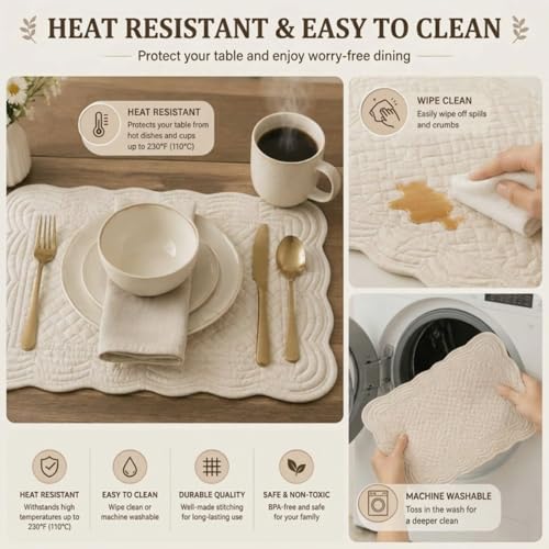 4 Pcs Quilted Placemats, Cotton Scalloped Fan Edge Boho Table Mat