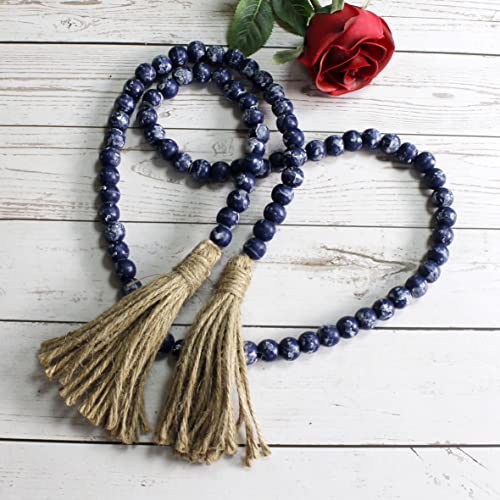 CVHOMEDECO. Wood Beads Garland with Tassels Farmhouse Rustic Wooden Prayer Bead String Wall Hanging Accent for Home Festival Decor. Navy Blue Stained - color: Dark Blue Stained