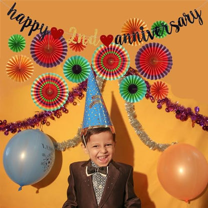 Happy 2nd Anniversary Party Banner, Black Glitter 2 Years Anniversary Garland, Wedding Banner Party Decorations (Pre-Strung)