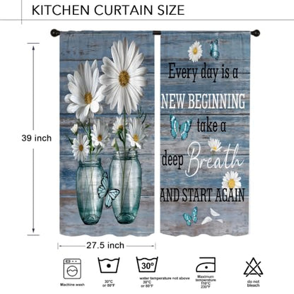 Farmhouse Rustic Daisy Flower Kitchen Curtains 2 Panels Teal Blue Plank Inspirational Quote Small Short Cafe Tier Window Treatment Drapes Butterfly Bathroom Bedroom Curtain 27.5W X 39L Inches - color: 10 Farmhouse Rustic Daisy, size: 27.5"W x 39"L (Pack o