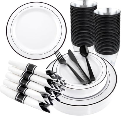 WELLIFE 210Pcs Black Plastic Dinnerware with Pre Rolled Napkins, Include:30 Dinner Plates, 30 Dessert Plates, 30 Paper Napkins, 30 Cups, 90 Plastic Cutlery - color: Black, style: 210PCS（30 Guests）